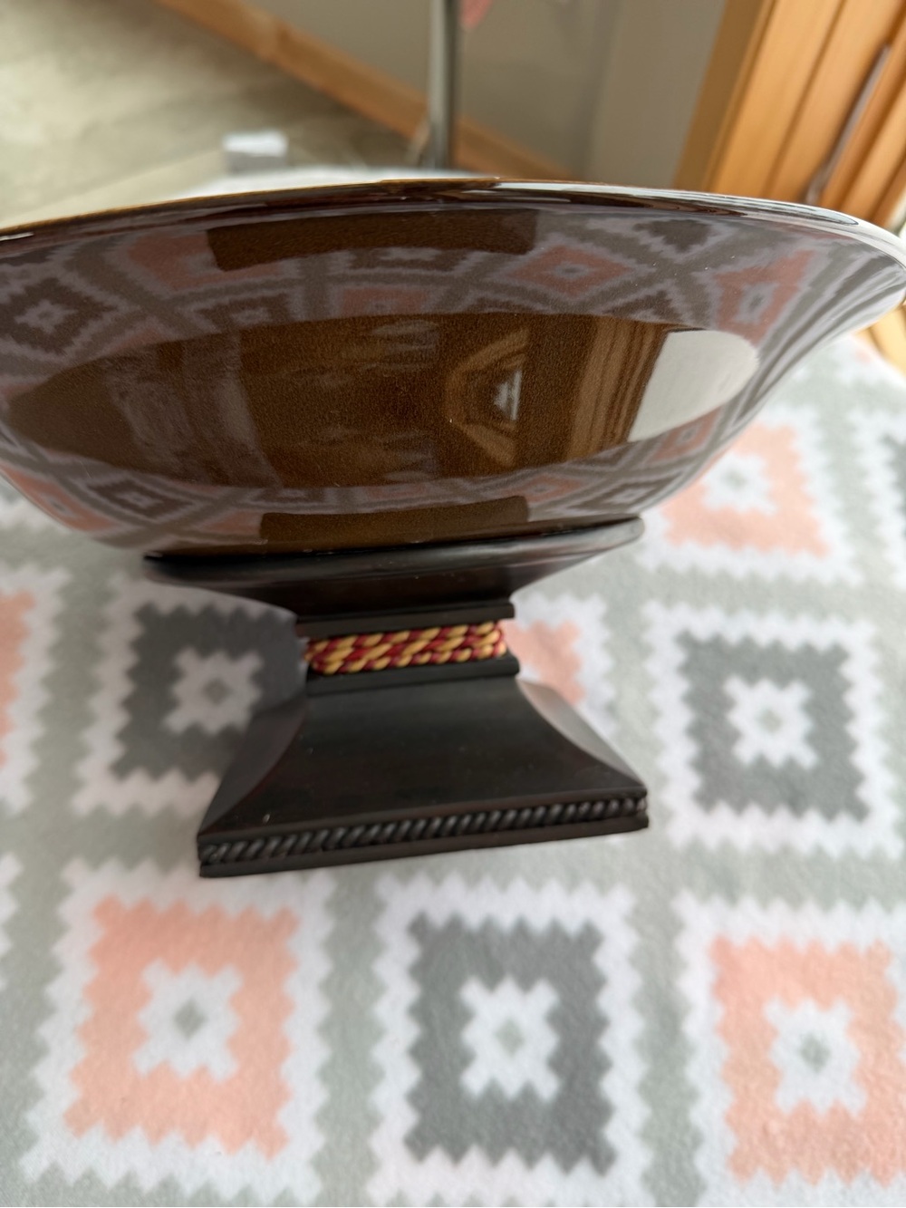 NEW Partylite Sahara Sands Ceramic Pedestal Bowl Dark Green Brown 13” diameter - Picture 3 of 9